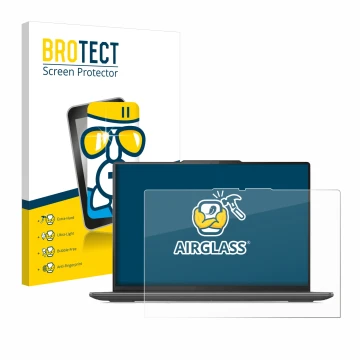 Parte frontal de un envase de producto con el logotipo de la marca BROTECT. Al lado se muestra el dispositivo Lenovo Yoga Pro 