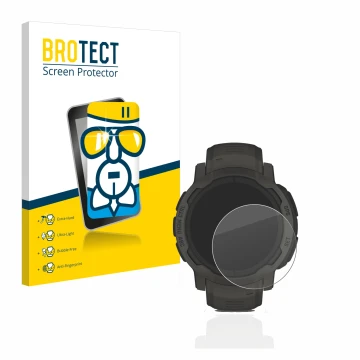 Parte frontal de un envase de producto con el logotipo de la marca BROTECT. Al lado se muestra el dispositivo Garmin Instinct 