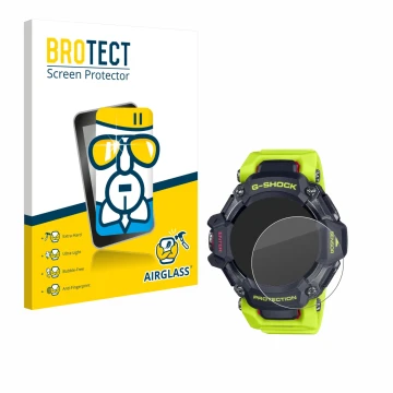 Parte frontal de un envase de producto con el logotipo de la marca BROTECT. Al lado se muestra el dispositivo Casio G-Shock GB