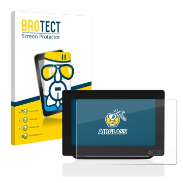 Parte frontal de un envase de producto con el logotipo de la marca BROTECT. Al lado se muestra el dispositivo Raymarine Axiom 