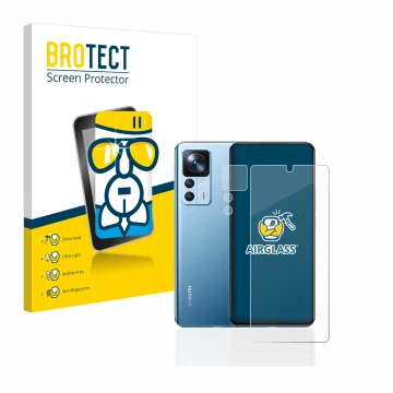 Parte frontal de un envase de producto con el logotipo de la marca BROTECT. Al lado se muestra el dispositivo Xiaomi 12T (Fron