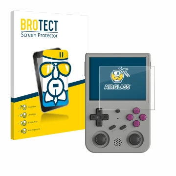 Parte frontal de un envase de producto con el logotipo de la marca BROTECT. Al lado se muestra el dispositivo Anbernic RG353V 