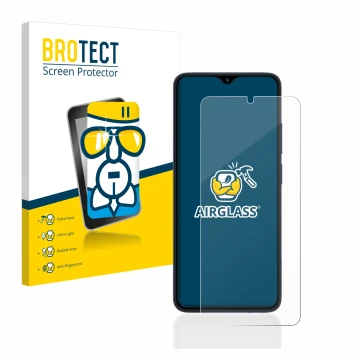 Parte frontal de un envase de producto con el logotipo de la marca BROTECT. Al lado se muestra el dispositivo Xiaomi Redmi 12C