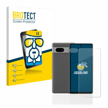 Parte frontal de un envase de producto con el logotipo de la marca BROTECT. Al lado se muestra el dispositivo Google Pixel 7a 