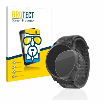 Parte frontal de un envase de producto con el logotipo de la marca BROTECT. Al lado se muestra el dispositivo Coros Apex 2 con