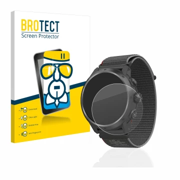 Parte frontal de un envase de producto con el logotipo de la marca BROTECT. Al lado se muestra el dispositivo Coros Apex 2 Pro