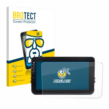 Parte frontal de un envase de producto con el logotipo de la marca BROTECT. Al lado se muestra el dispositivo Dynavin D8-V8 8