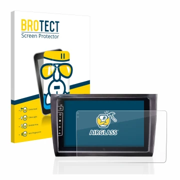 Parte frontal de un envase de producto con el logotipo de la marca BROTECT. Al lado se muestra el dispositivo Dynavin D8-DF56 