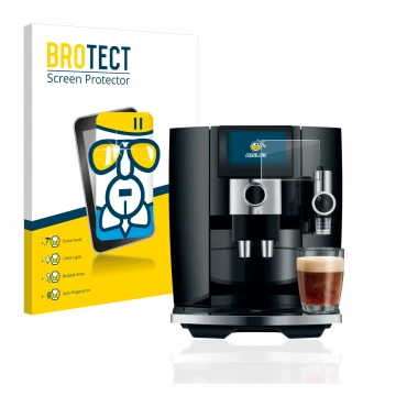 Parte frontal de un envase de producto con el logotipo de la marca BROTECT. Al lado se muestra el dispositivo Jura J8 con su p