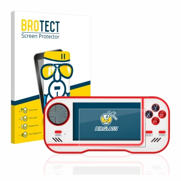 Parte frontal de un envase de producto con el logotipo de la marca BROTECT. Al lado se muestra el dispositivo Blaze Evercade c