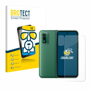 Parte frontal de un envase de producto con el logotipo de la marca BROTECT. Al lado se muestra el dispositivo Nokia XR21 (Fron