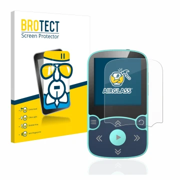 Parte frontal de un envase de producto con el logotipo de la marca BROTECT. Al lado se muestra el dispositivo AGPtek A65X MP3 