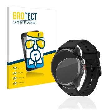 Parte frontal de un envase de producto con el logotipo de la marca BROTECT. Al lado se muestra el dispositivo Mobvoi TicWatch 