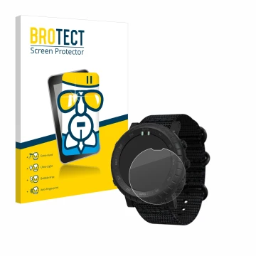 Parte frontal de un envase de producto con el logotipo de la marca BROTECT. Al lado se muestra el dispositivo Suunto Core Alph