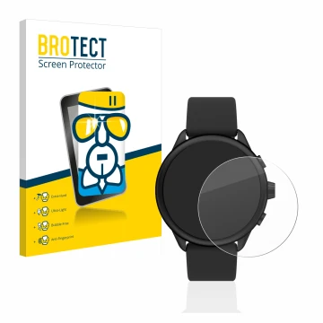 Parte frontal de un envase de producto con el logotipo de la marca BROTECT. Al lado se muestra el dispositivo Fossil Smartwatc