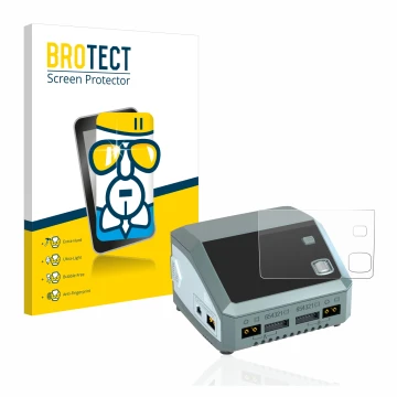 Parte frontal de un envase de producto con el logotipo de la marca BROTECT. Al lado se muestra el dispositivo SkyRc D200 neo c