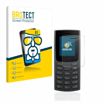 Parte frontal de un envase de producto con el logotipo de la marca BROTECT. Al lado se muestra el dispositivo Nokia 110 (2023)