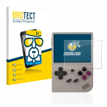 Parte frontal de un envase de producto con el logotipo de la marca BROTECT. Al lado se muestra el dispositivo Anbernic RG35XX 