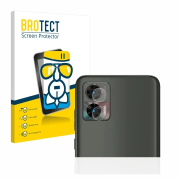 Parte frontal de un envase de producto con el logotipo de la marca BROTECT. Al lado se muestra el dispositivo Motorola Edge 30