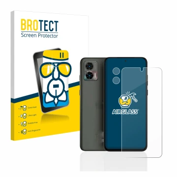 Parte frontal de un envase de producto con el logotipo de la marca BROTECT. Al lado se muestra el dispositivo Motorola Edge 30