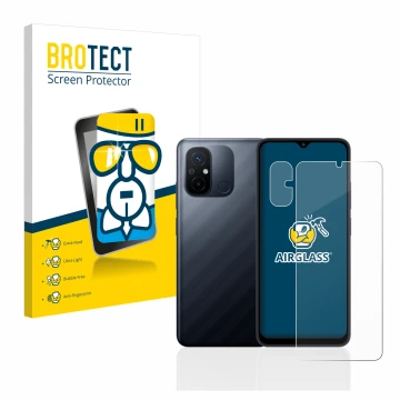 Parte frontal de un envase de producto con el logotipo de la marca BROTECT. Al lado se muestra el dispositivo Xiaomi Redmi 12C