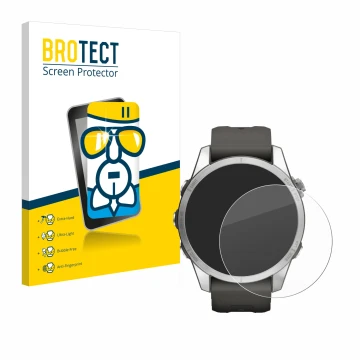 Parte frontal de un envase de producto con el logotipo de la marca BROTECT. Al lado se muestra el dispositivo Garmin Fenix 7S 