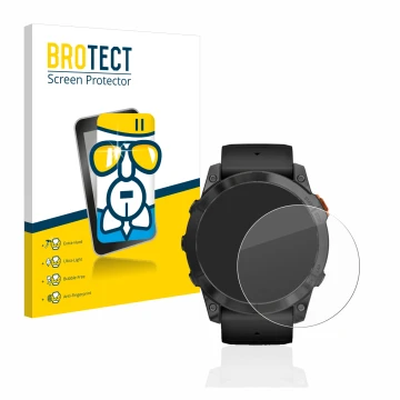 Parte frontal de un envase de producto con el logotipo de la marca BROTECT. Al lado se muestra el dispositivo Garmin Fenix 7X 