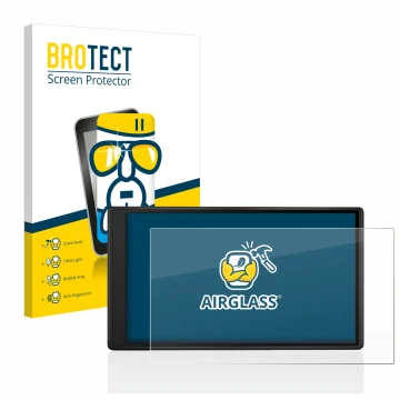 Parte frontal de un envase de producto con el logotipo de la marca BROTECT. Al lado se muestra el dispositivo Garmin Drive 55 