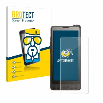Parte frontal de un envase de producto con el logotipo de la marca BROTECT. Al lado se muestra el dispositivo Sonim XP10 con s