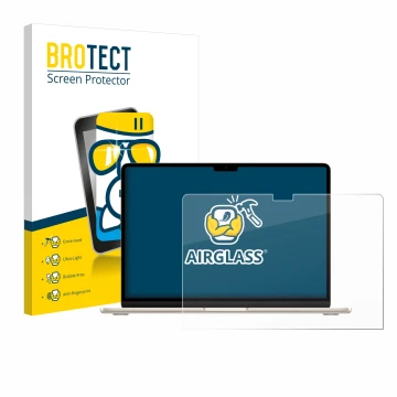 Parte frontal de un envase de producto con el logotipo de la marca BROTECT. Al lado se muestra el dispositivo Apple MacBook Ai