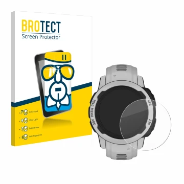 Parte frontal de un envase de producto con el logotipo de la marca BROTECT. Al lado se muestra el dispositivo Garmin Instinct 