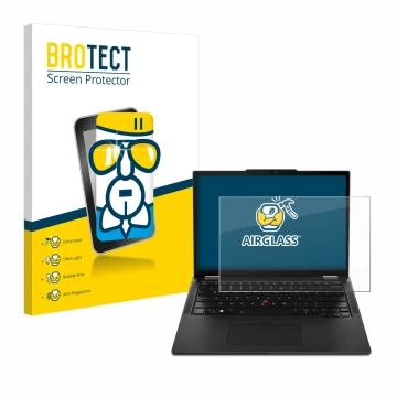 Parte frontal de un envase de producto con el logotipo de la marca BROTECT. Al lado se muestra el dispositivo Lenovo ThinkPad 