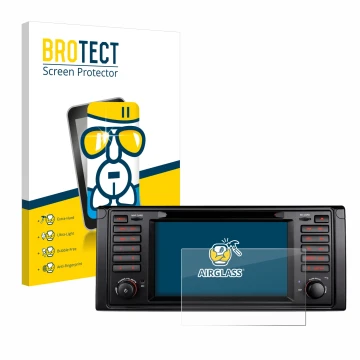 Parte frontal de un envase de producto con el logotipo de la marca BROTECT. Al lado se muestra el dispositivo Xtrons IQ7039B c