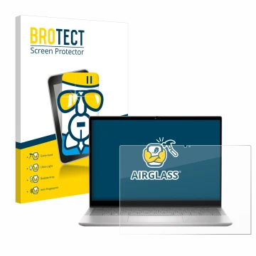 Parte frontal de un envase de producto con el logotipo de la marca BROTECT. Al lado se muestra el dispositivo Dell Inspiron 14