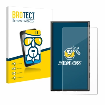 Parte frontal de un envase de producto con el logotipo de la marca BROTECT. Al lado se muestra el dispositivo Sony Walkman NW-