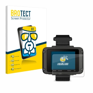 Parte frontal de un envase de producto con el logotipo de la marca BROTECT. Al lado se muestra el dispositivo Garmin Foretrex 