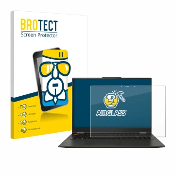 Parte frontal de un envase de producto con el logotipo de la marca BROTECT. Al lado se muestra el dispositivo ASUS Vivobook S 