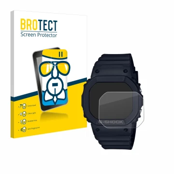 Parte frontal de un envase de producto con el logotipo de la marca BROTECT. Al lado se muestra el dispositivo Casio G-Shock GM