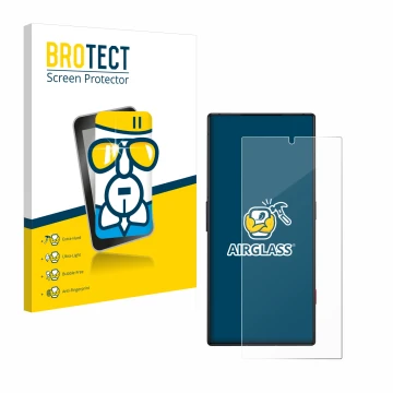 Parte frontal de un envase de producto con el logotipo de la marca BROTECT. Al lado se muestra el dispositivo ZTE Nubia Red Ma