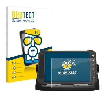 Parte frontal de un envase de producto con el logotipo de la marca BROTECT. Al lado se muestra el dispositivo Lowrance Elite F