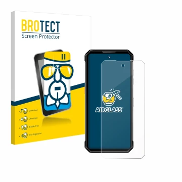 Parte frontal de un envase de producto con el logotipo de la marca BROTECT. Al lado se muestra el dispositivo Oukitel WP21 Ult