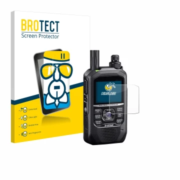 Parte frontal de un envase de producto con el logotipo de la marca BROTECT. Al lado se muestra el dispositivo Icom ID-50E con 