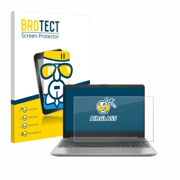 Parte frontal de un envase de producto con el logotipo de la marca BROTECT. Al lado se muestra el dispositivo HP 250 G9 con su
