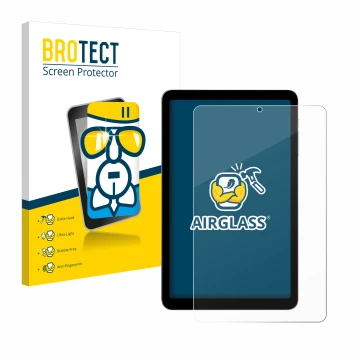 Parte frontal de un envase de producto con el logotipo de la marca BROTECT. Al lado se muestra el dispositivo Alldocube iPlay 