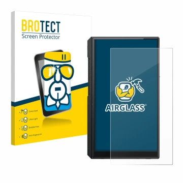 Parte frontal de un envase de producto con el logotipo de la marca BROTECT. Al lado se muestra el dispositivo FiiO M11s con su