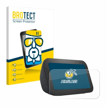 Parte frontal de un envase de producto con el logotipo de la marca BROTECT. Al lado se muestra el dispositivo Amazon Echo Show