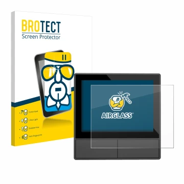Parte frontal de un envase de producto con el logotipo de la marca BROTECT. Al lado se muestra el dispositivo SONOFF NSPanel S