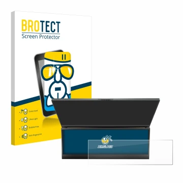 Parte frontal de un envase de producto con el logotipo de la marca BROTECT. Al lado se muestra el dispositivo ASUS ROG Zephyru