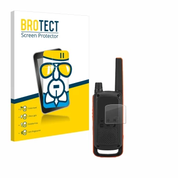 Parte frontal de un envase de producto con el logotipo de la marca BROTECT. Al lado se muestra el dispositivo Motorola Talkabo
