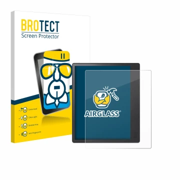 Parte frontal de un envase de producto con el logotipo de la marca BROTECT. Al lado se muestra el dispositivo Kobo Elipsa 2E c